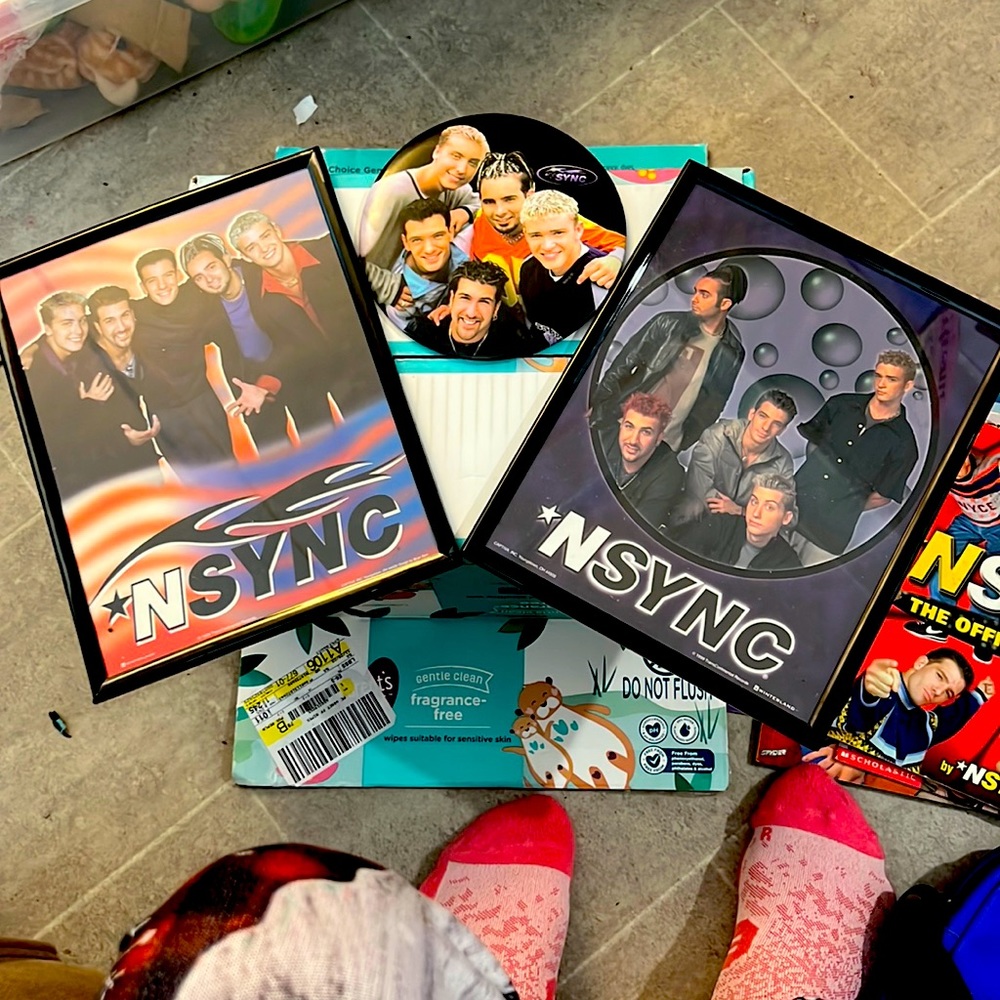 3 pictures of NSYNC two framed and one large picture that can be a pin